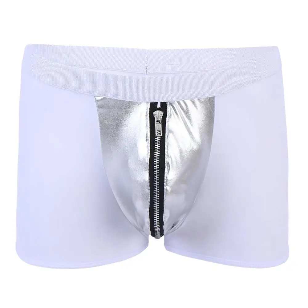White Новые сексуальные мужские боксеры шорты-бикини стринги молния PU открытый мешочек нижнее белье Клубная одежда блестящие штаны из искусственной кожи трусы боксеры - Цвет: White