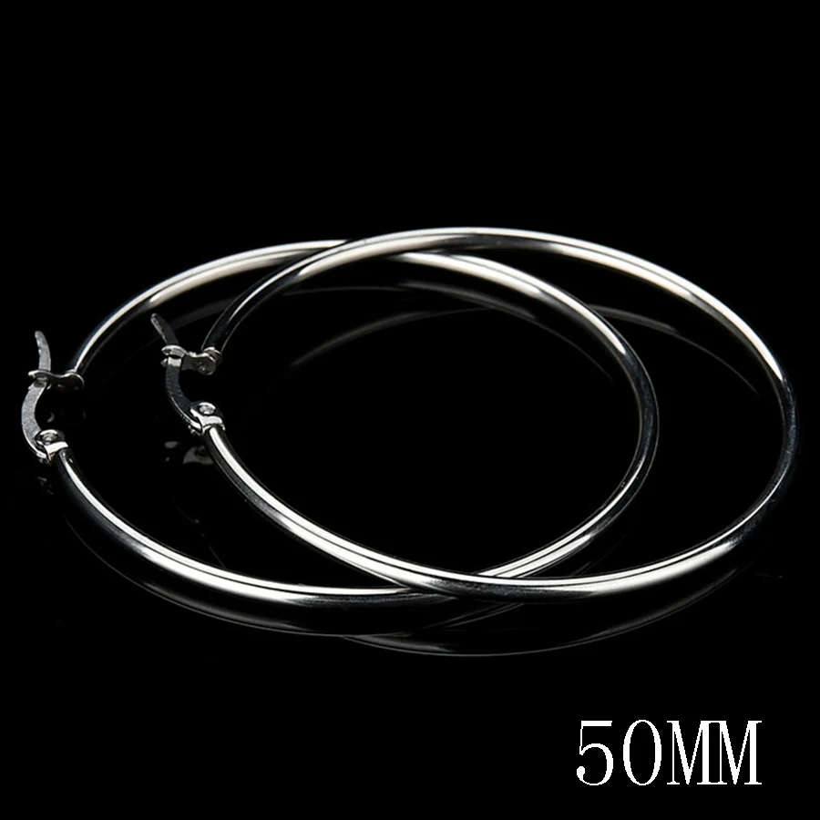 Silver 50mm HOBBORN, женские большие круглые серьги-кольца, нержавеющая сталь 316L, 20-100 мм, в стиле хип-хоп, для ночного клуба, антиаллергенные мужские серьги - Окраска металла: Silver 50mm