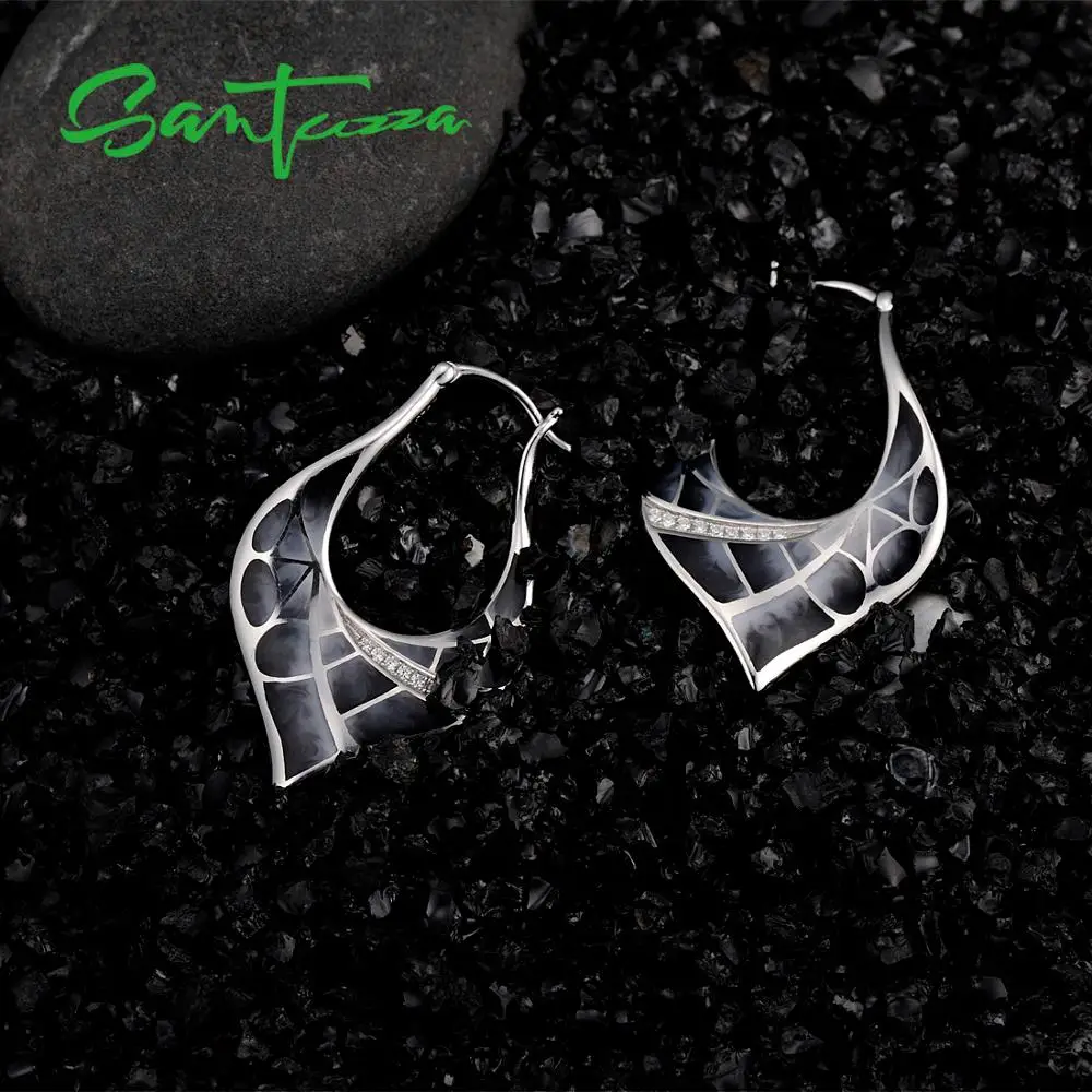 SANTUZZA, серебряные серьги для женщин, 925 пробы, серебряные, элегантные, черные листья, блестящие, кубический цирконий, модные ювелирные изделия, ручная работа, эмаль