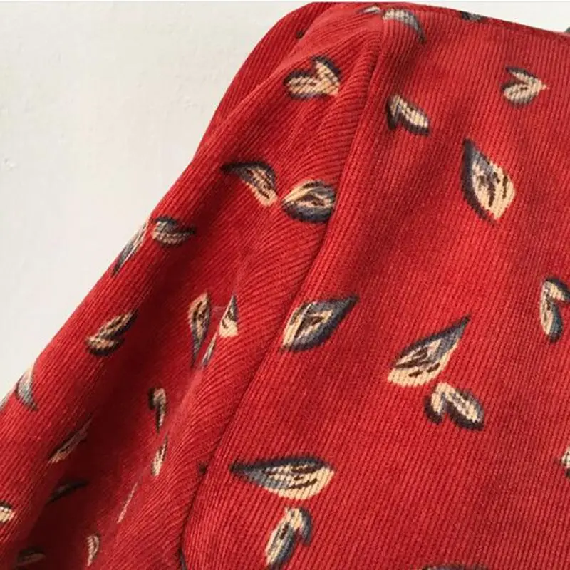 Женское вельветовое длинное платье с длинным рукавом и цветочным принтом