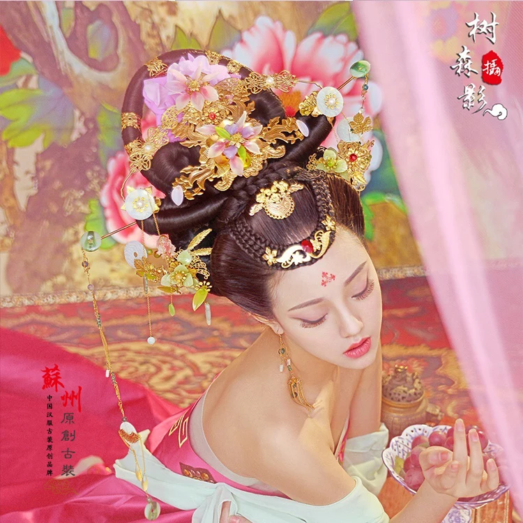 Ручной работы Hanfu костюм аксессуар для фото дома KongQue длинные кисточки золотые украшения для волос с крашеный цветок