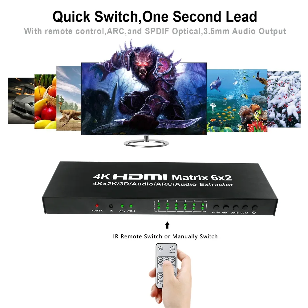 4K x 2K 6x2 HDMI матрица HDMI1.4v переключатель сплиттер 6 в 2 выхода с ИК пультом