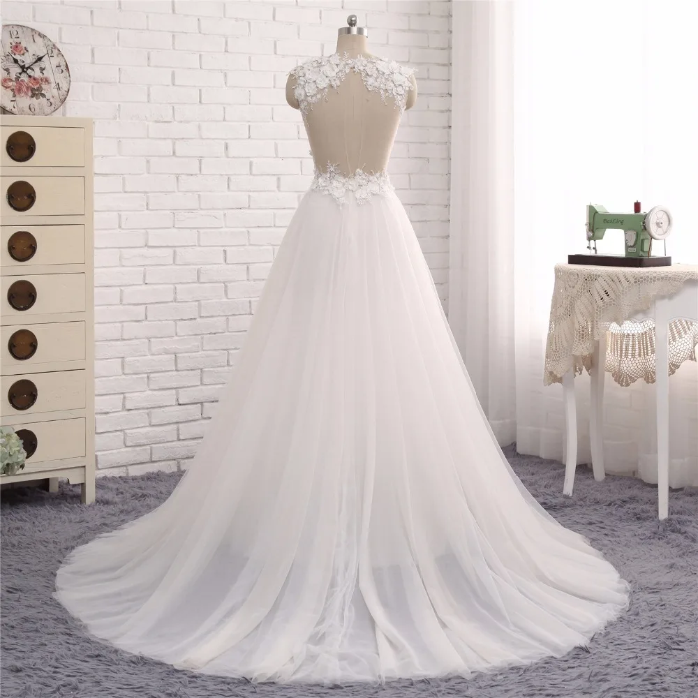 Свадебное платье с прозрачной иллюзией ТРАПЕЦИЕВИДНОЕ из тюля ручной работы