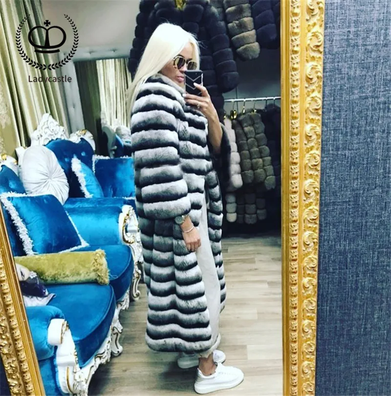 Кожа настоящая Шиншилла Шуба из кролика Рекс из натуральной полной длины женский пуховик из натурального кролика Зимнее пальто RB-037