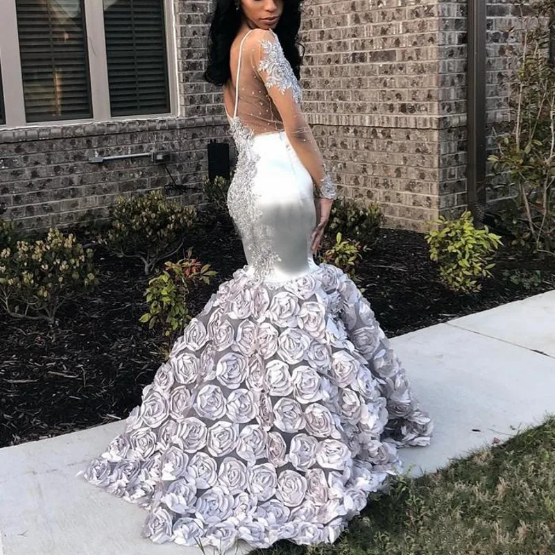 Женское вечернее платье-русалка серебристое платье с длинным рукавом и