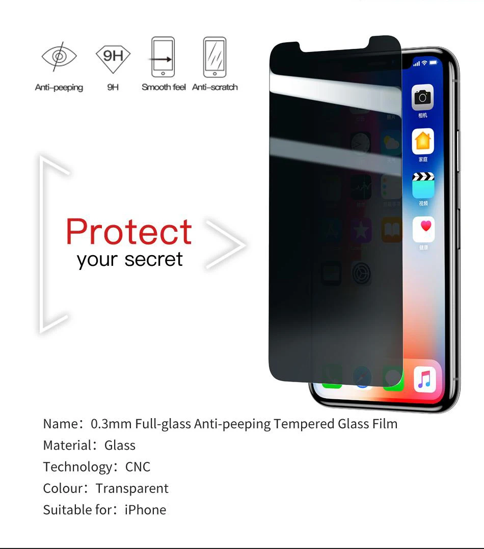 9H 2.5D антишпионское закаленное стекло для iPhone X XS MAX XR 11 Pro Max Peeping Glare Защитная пленка для экрана 5," 6,1" 6,5"