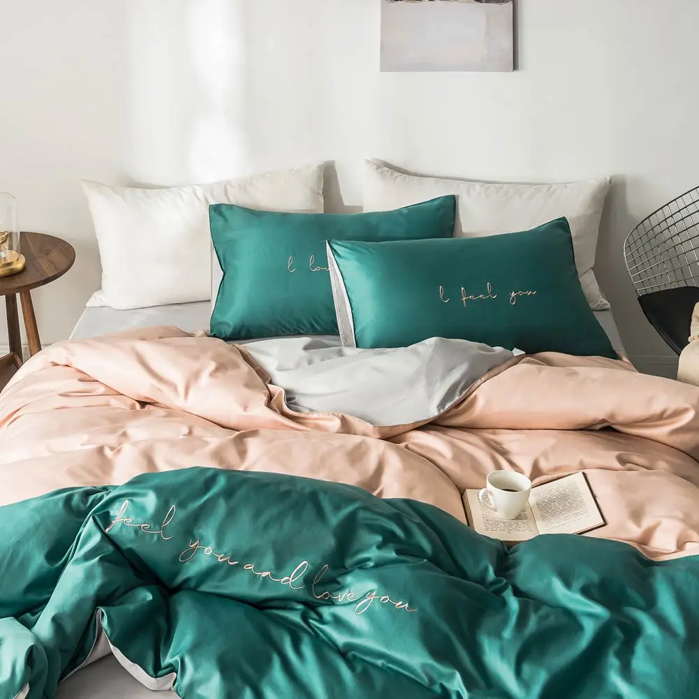 Nordic Light Green Dark INS Embroidery Bedlinens Artificial Silk Satin Duvet Cover Set Queen King Bedsheet Bedding Set