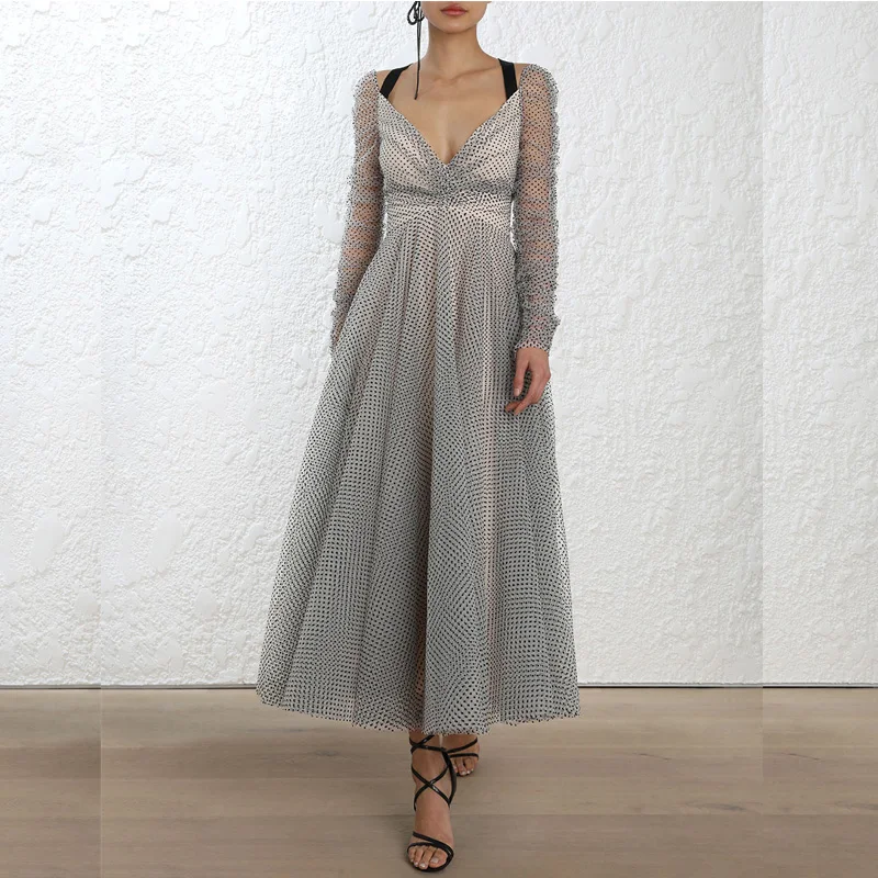 Высокое качество 2018 осеннее праздничное платье в горошек с длинными рукавами