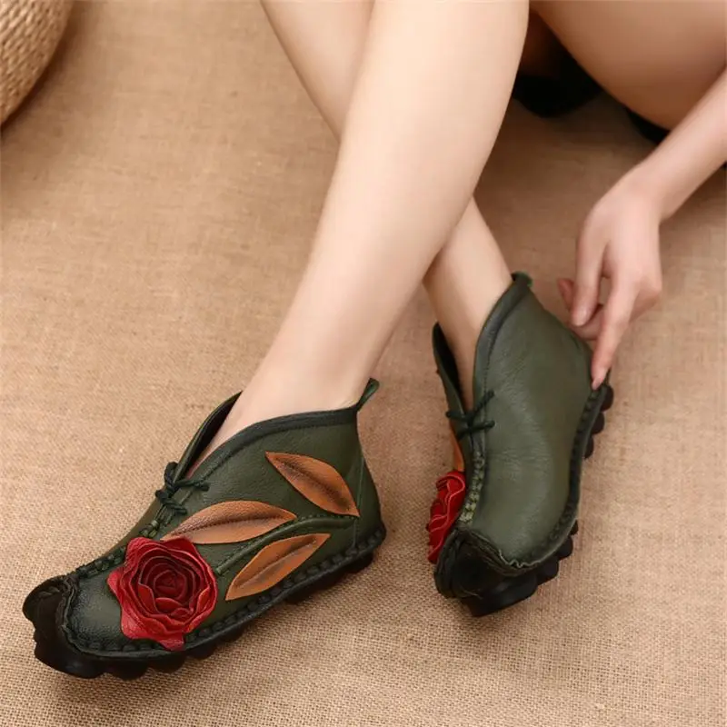 Женские ботинки из натуральной кожи на низком каблуке с цветами|botas fashion|fashion
