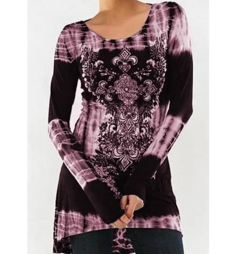 Женская футболка с длинным рукавом повседневная облегающая принтом и о вырезом