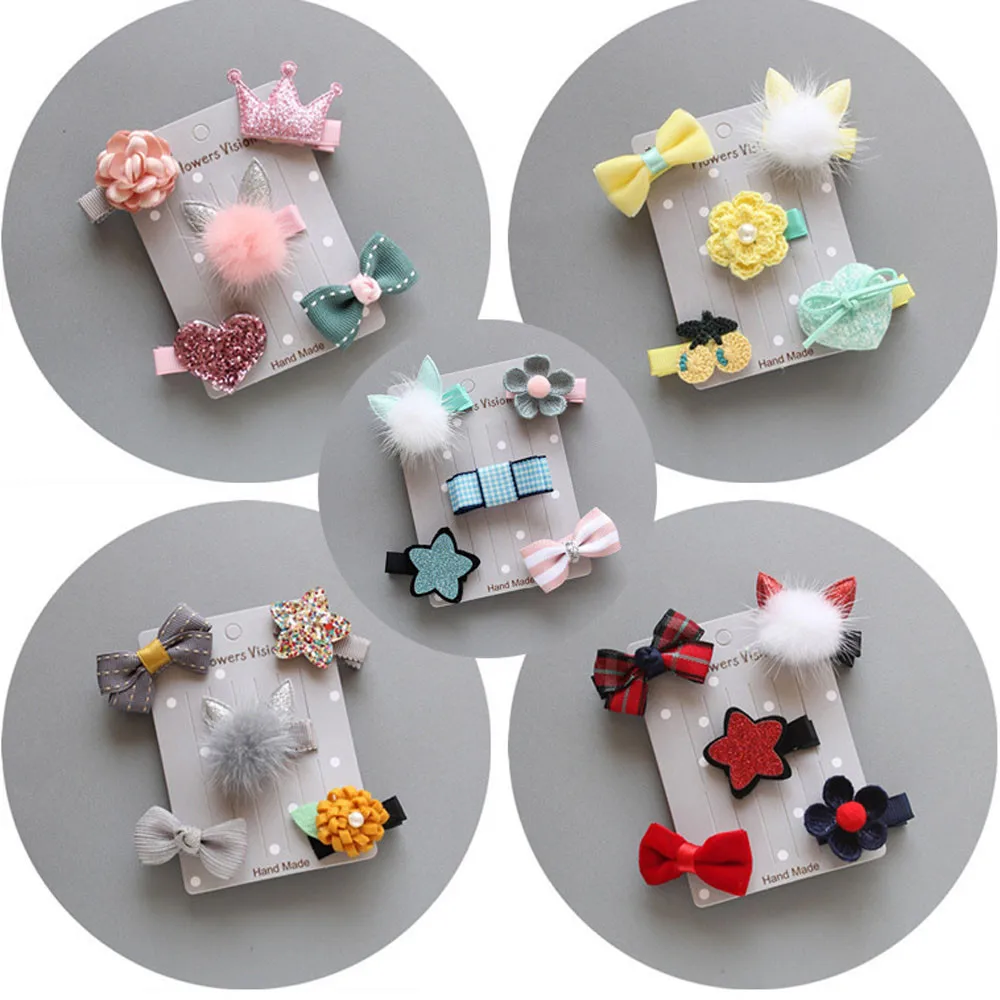 MUQGEW 5Pcs Kids Infant Hairpin Baby Girl Bow Flower Barrettes Star Hair Clip Set Fabric hairpins solid pink New #EW | Мать и ребенок