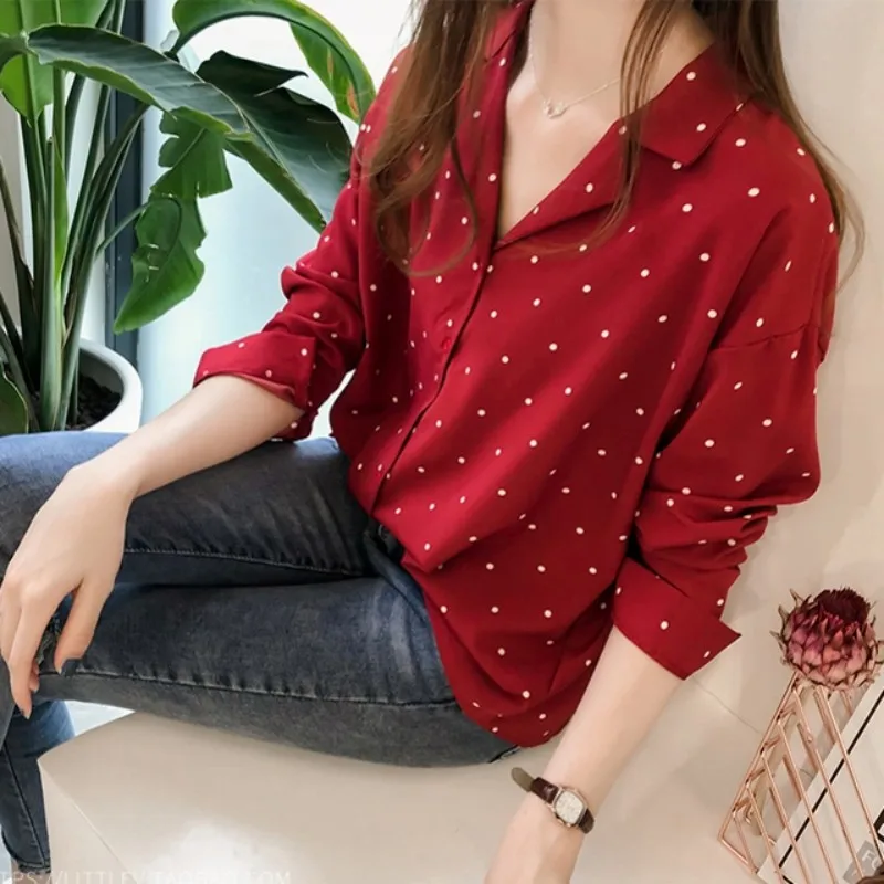 Рубашка женская шифоновая в горошек модная блуза с длинным рукавом свободная