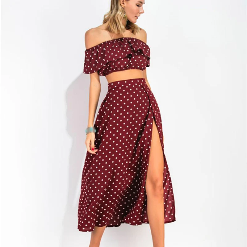 Женские платья в горошек с открытыми плечами и высоким разрезом 2 шт. летнее