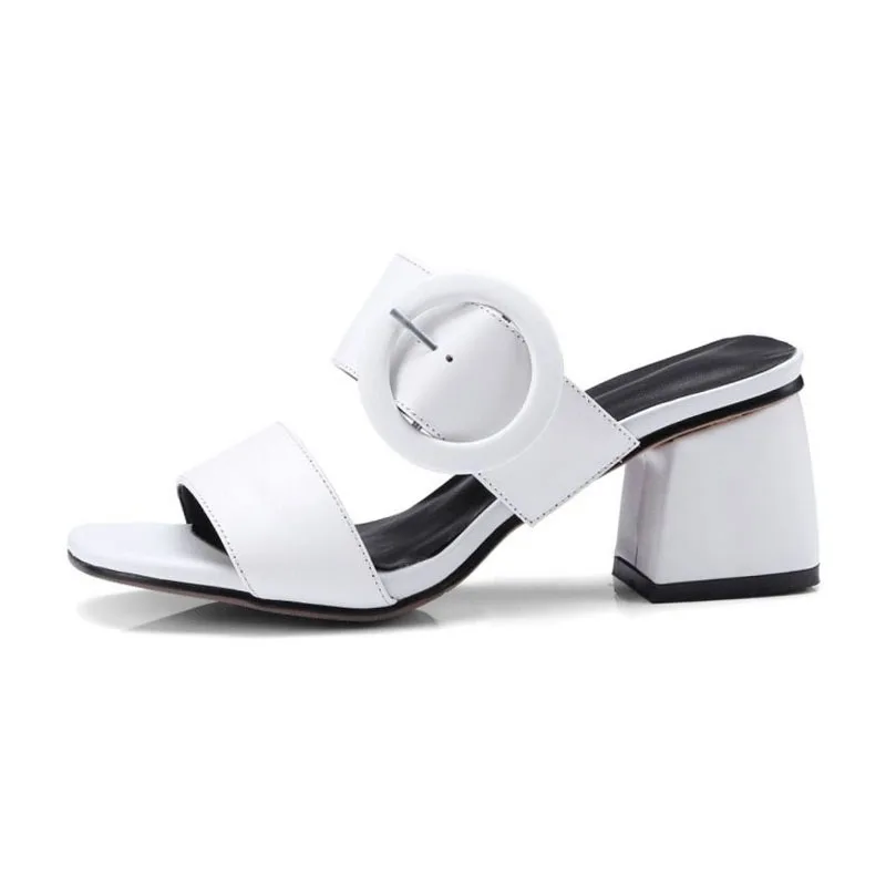 FITWEE Simple Women Genuine Leather High Heel Sandals Metal Buckle Square Toe Thick Vacation Shoes Size 33-40 | Обувь