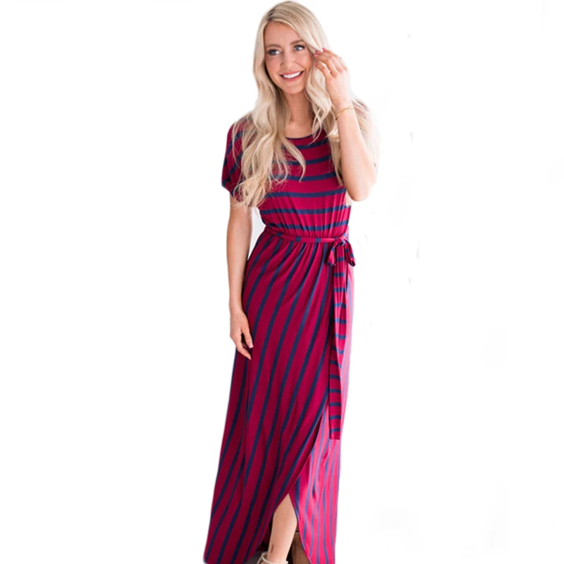 Boho полосатые женские длинные платья 2018 Лето Горячая повседневная с коротким