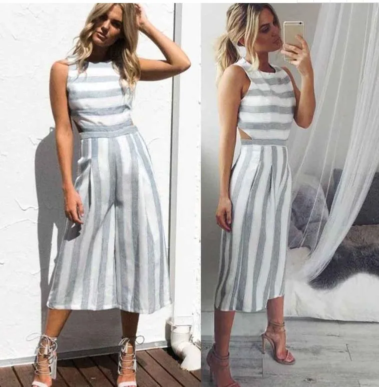 Модные стильные свободные женские Комбинезоны повседневные полосатые летние