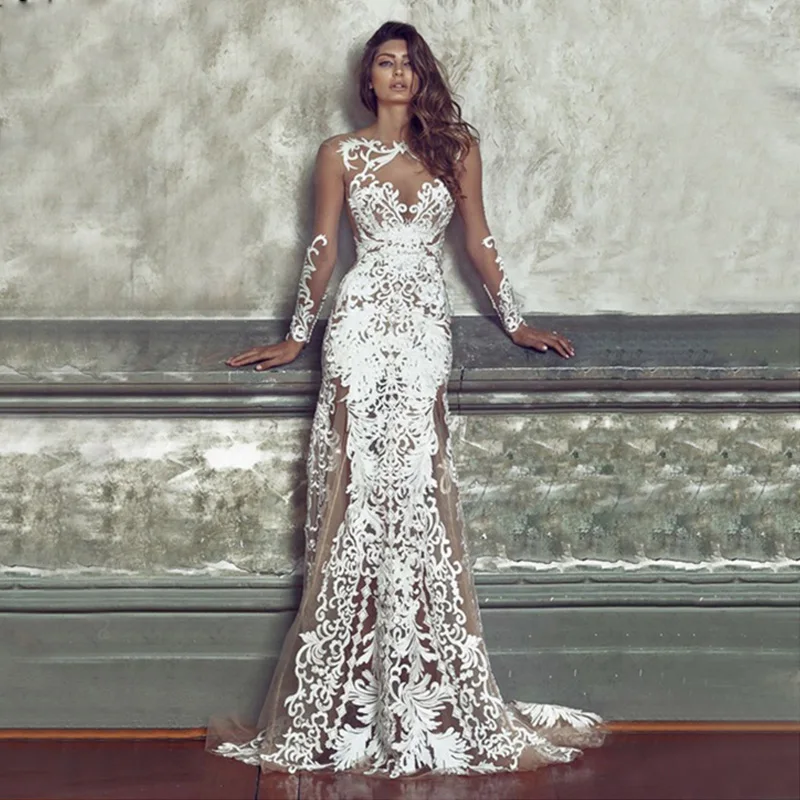 Кружевное свадебное платье Русалка с длинным рукавом вечернее до пола 2020 простые
