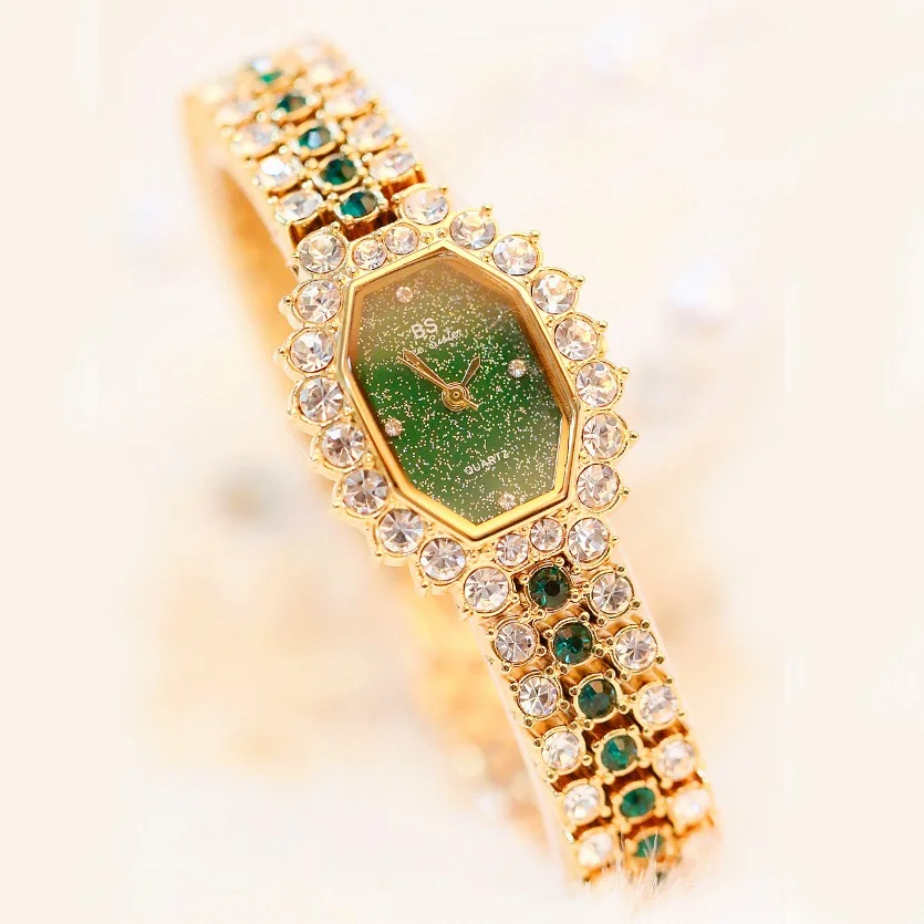gold and green Новое поступление, роскошные женские кварцевые часы с бриллиантовым циферблатом, женские часы-браслет Zegarek Damski, нарядные часы - Цвет: gold and green