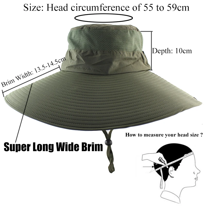 

14cm Super Long Wide Brim Bucket Hat Breathable Quick dry Men Women Boonie Hat Summer UV Protection Cap Hiking Fishing Sun Hat