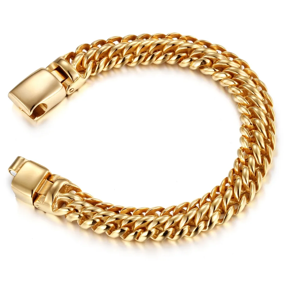 

12mm Punk Jewelry 316L Stainless Steel Gold Tone New Buckle Cuban Curb Chain Mens Womens Bracelet Bangle 8.66" Wholesale Gift