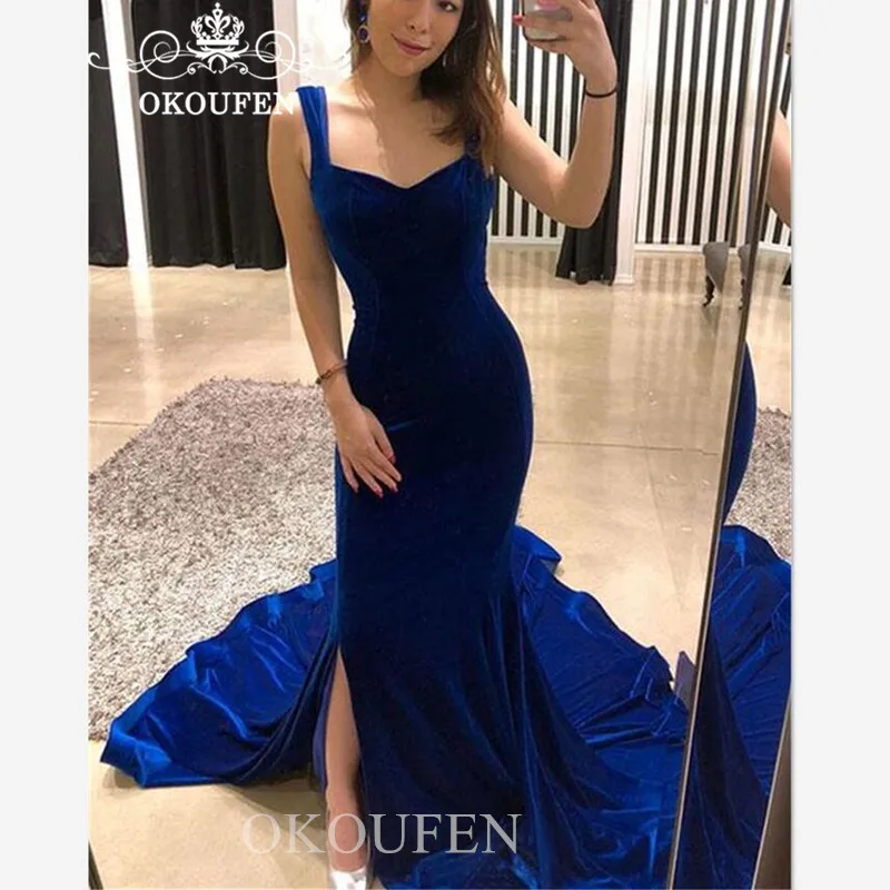 Королевский синий бархат Русалка Выпускные платья для женщин 2019 Сторона Сплит