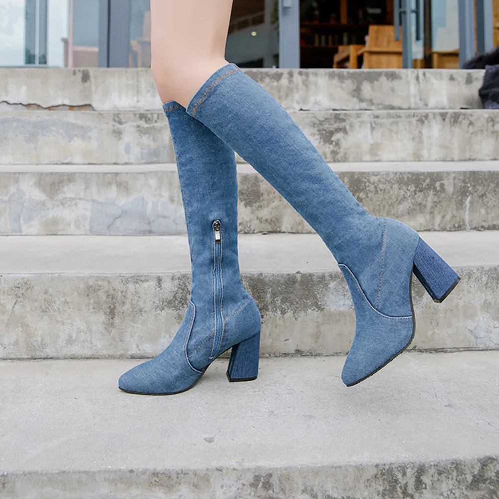 Ботильоны для женщин Женские джинсовые ботфорты на молнии Пикантная женская