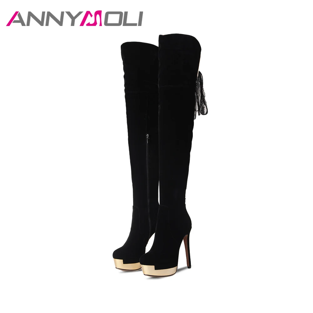 Женские сапоги с кисточками ANNYMOLI Черные Сапоги выше колена на очень высоком