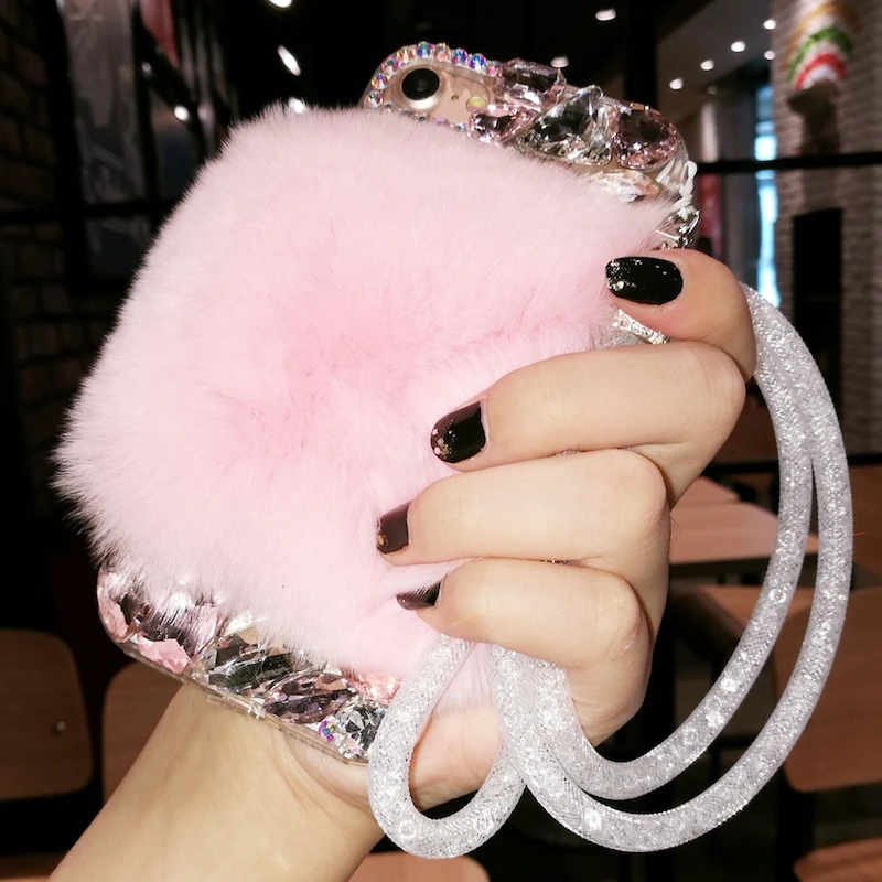 Шикарный роскошный пушистый кролик хрустальные камни ремешок чехол для телефона