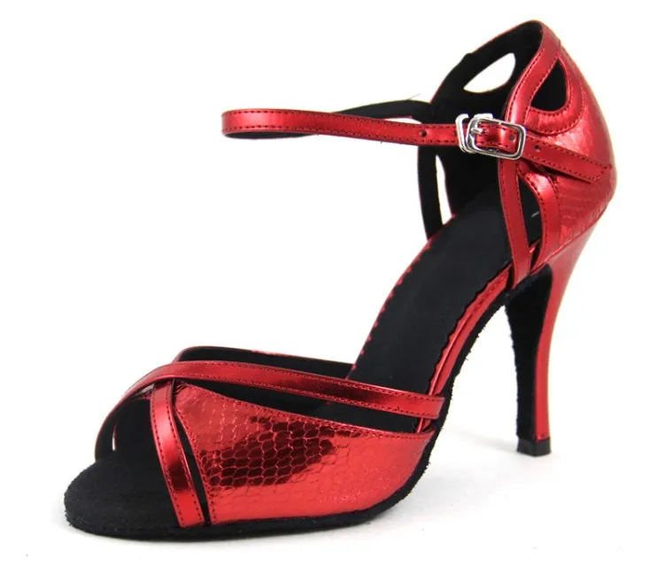 Red heel 9cm Леди Латинская танцевальная обувь Для женщин на высоком каблуке вечерние Salsa Самба вальс обувь для танцев красный золото, Змея PU танцевальная обувь WD343 - Цвет: Red heel 9cm