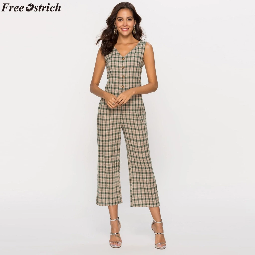 Бесплатная Страусиные женские модные клетчатые Длинные Комбинезоны с v образным