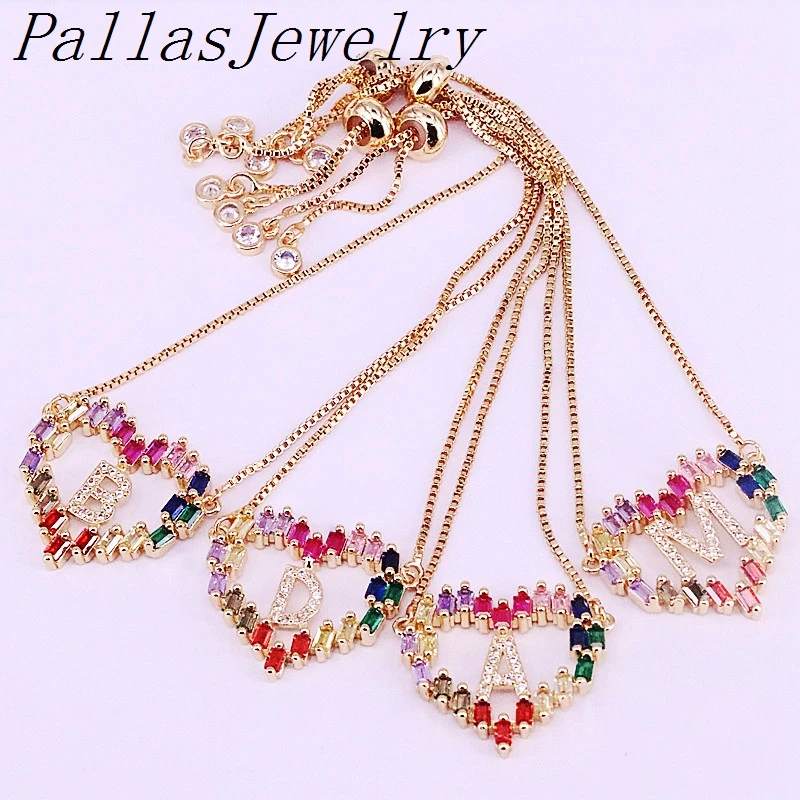 

10Pcs Gold Color Adjustable Chain Heart Shape Micro Pave Rainbow CZ Cubic Zirconia Charm 26 Letter Bracelet For Women Jewelry