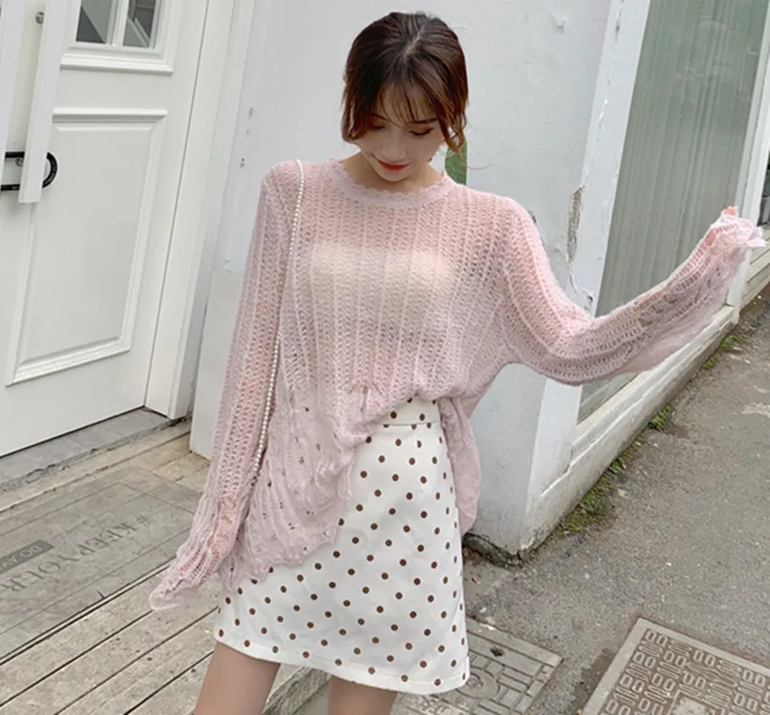 HAMALIEL New Summer Autumn Fashion Loose Sweater Tops Korean Chic Sky Blue Knitted Hollow Out Sexy Pollovers Thin Casual Jumpers | Женская