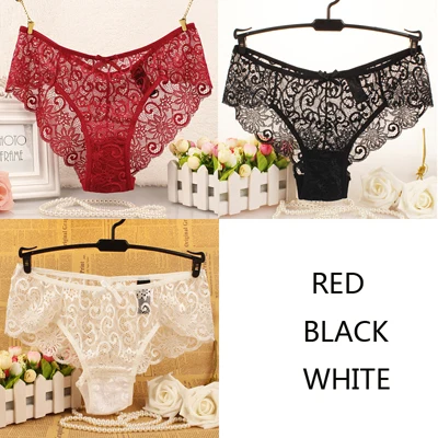 redblackwhite JERRINUT, 3 шт., сексуальные кружевные короткие женские трусы, Прозрачное нижнее белье для женщин, низкая талия, хлопок, дышащие женские трусы - Цвет: redblackwhite