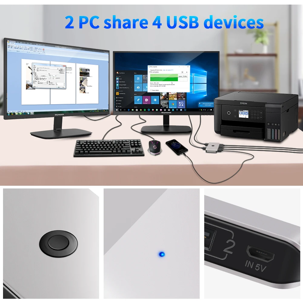 Rocketek USB KVM Switch Box USB 3.0 2.0 Switcher 2 Port PCs Sharing 4 Devices for Keyboard Mouse Printer Monitor with 2 Cables