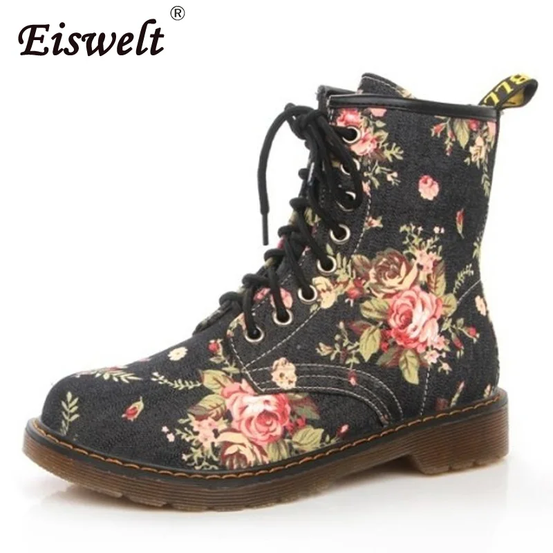 EISWELT Woman Martin Boots Fashion Flower Shoes Lace Up Motorcycle Oxfords Flats Ankle for Women Flat with Autumn Winter | Обувь