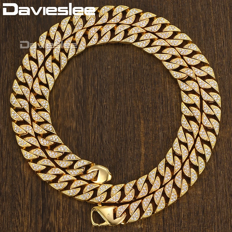 Miami Necklace Bracelet Jewelry Set for Men Gold 316L Stainless Steel Cubic Zirconia CZ Chain 12mm LHS60 | Украшения и аксессуары