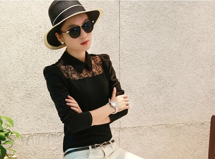 Весна кружева Печатные С Длинным Рукавом Блузка Женщины Turn Down Воротник Рубашки