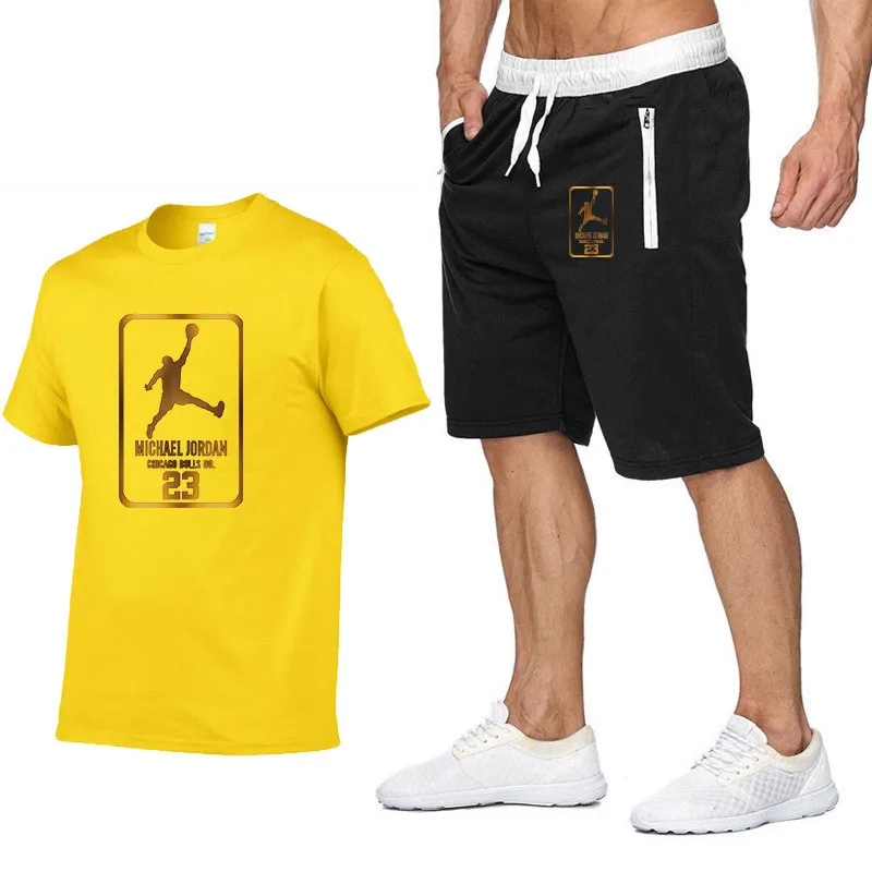 

Two Piece Set Men Short Sleeve T Shirt Cropped Top+Shorts Men's Tracksuits 23 New Causal Sportswear Tops Short Trousers