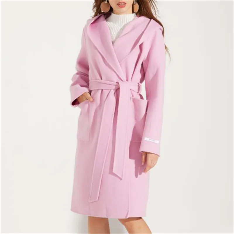 Женское двушерстяное кашемировое пальто с капюшоном Розовое свободное