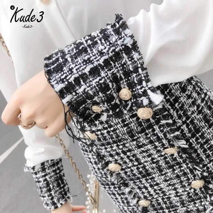 Зимняя элегантная женская женский комплект 2 шт. твидовая кисточка шифоновая