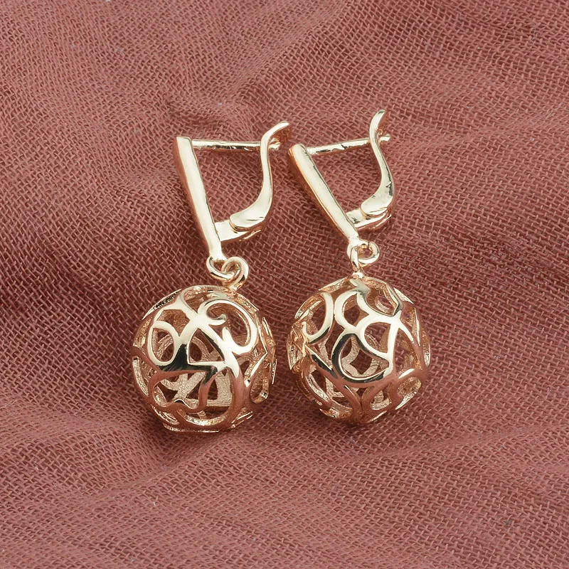 Женские серьги капельки круглые длинные из розового золота 585 пробы с медным