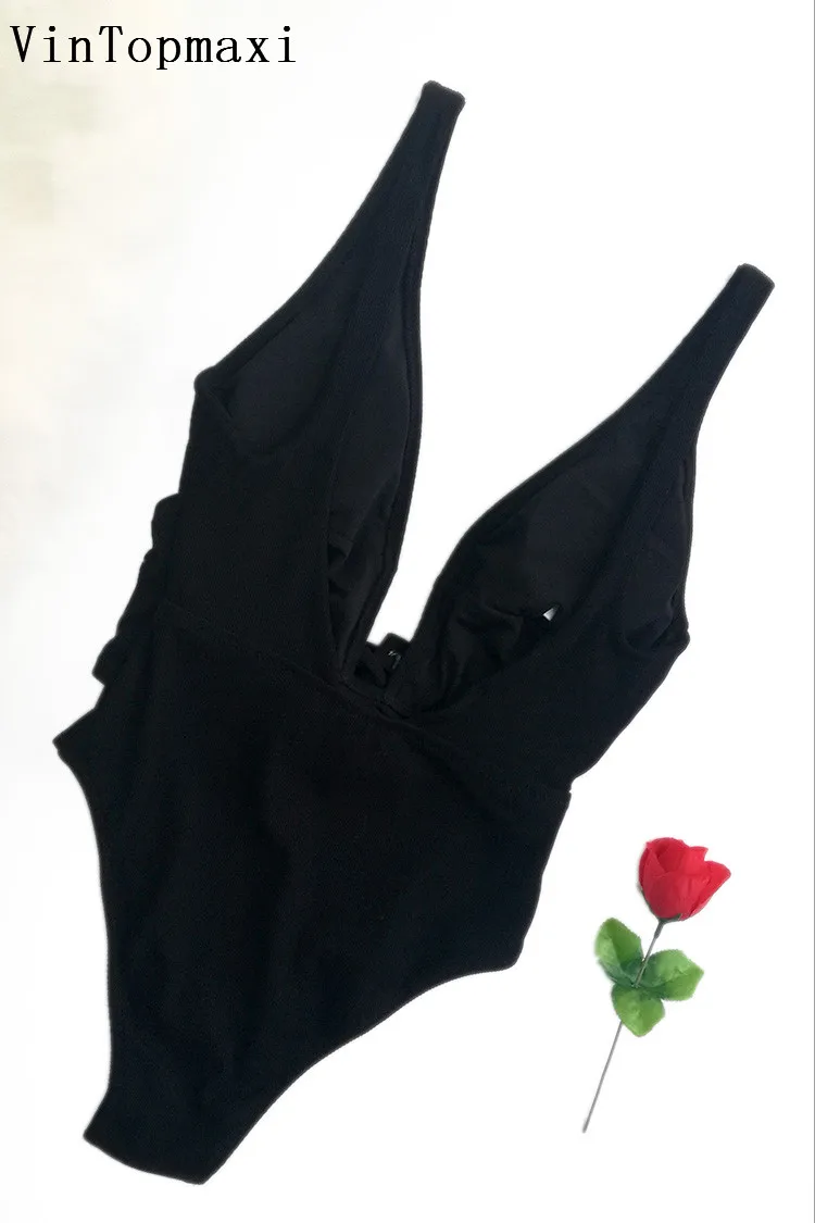 Женский цельный купальник 2018 сексуальный однотонный с глубоким v образным