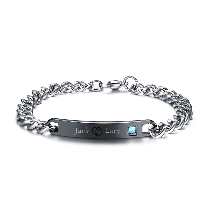 engraving for Men Индивидуальный гравировальный браслет для пары из нержавеющей стали, розовый, голубой, CZ камни, День Святого Валентина, юбилей, свадебный ювелирный браслет - Окраска металла: engraving for Men