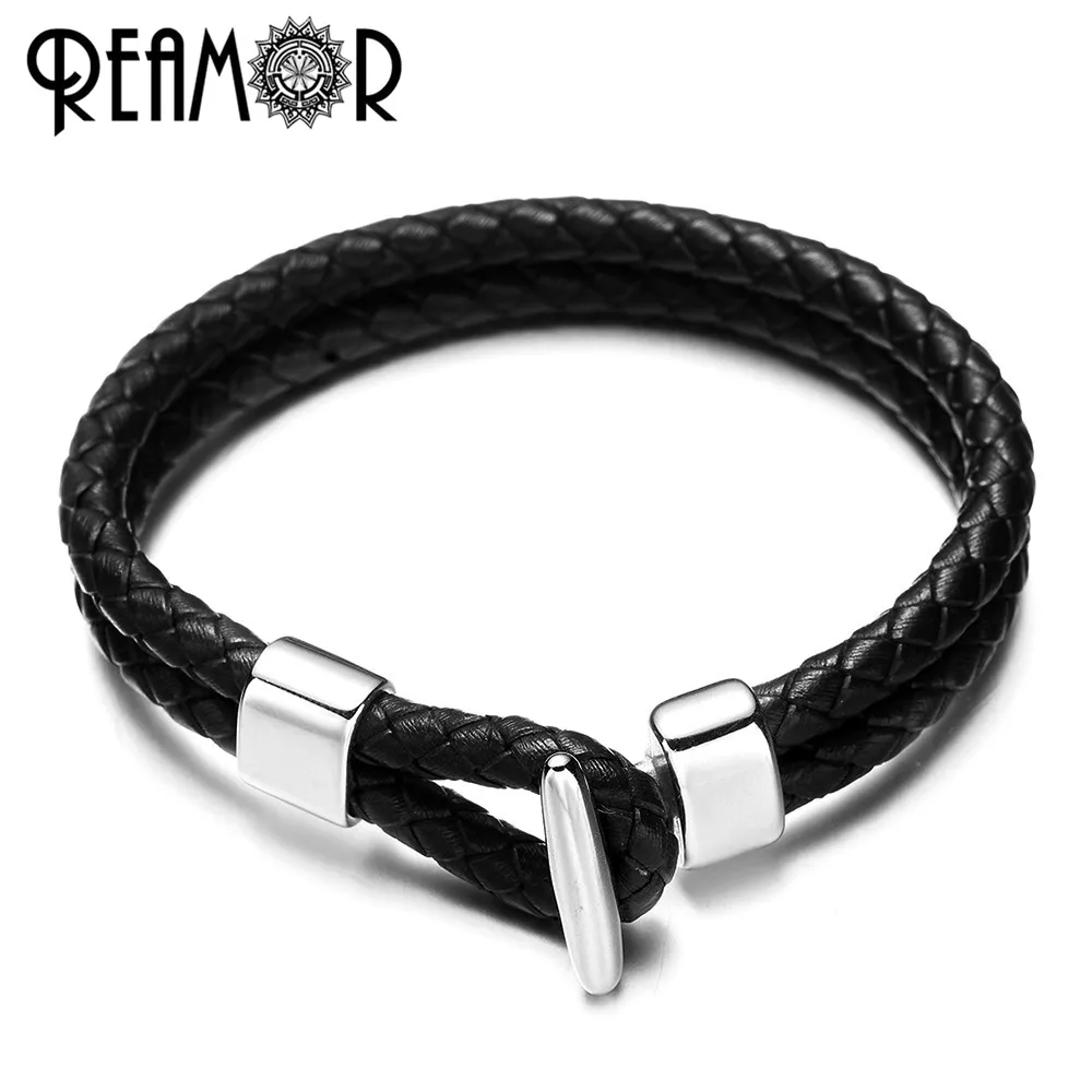 REAMOR простой двухслойный плетеный кожаный браслет для женщин и мужчин 316l