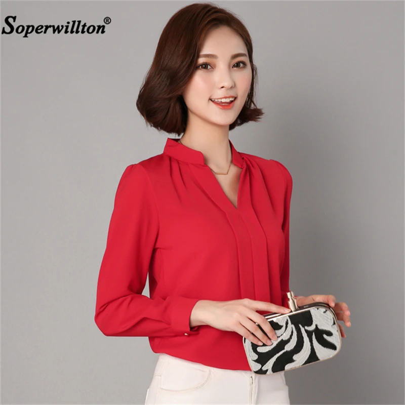 Блузка рубашка для Для женщин 2018 осень-зима шифон блузки v-образным вырезом