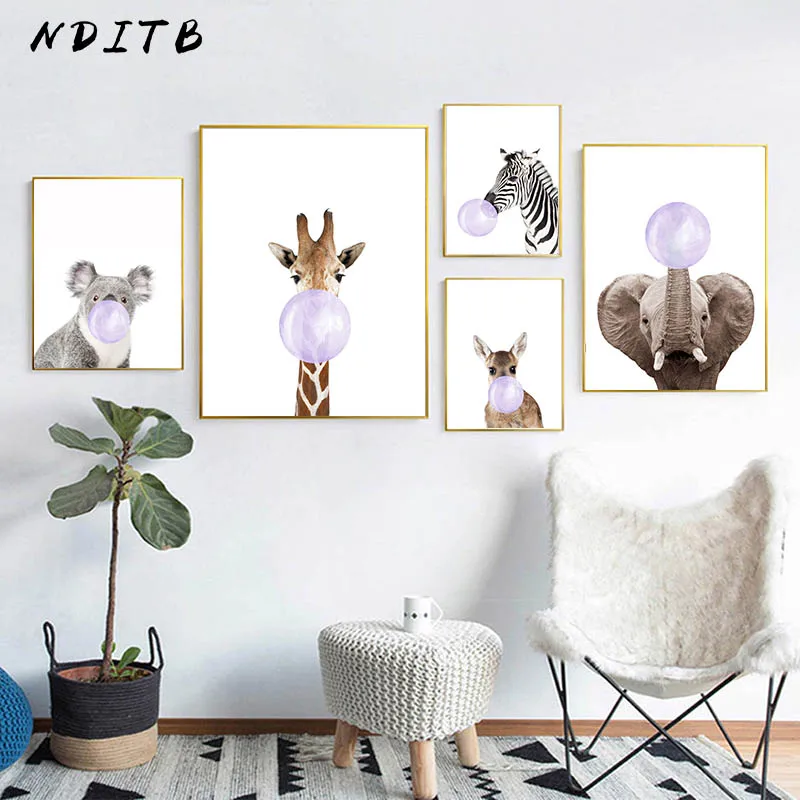 Детская животная зебра жираф олень пузыри NDITB Холст Искусство Живопись постер