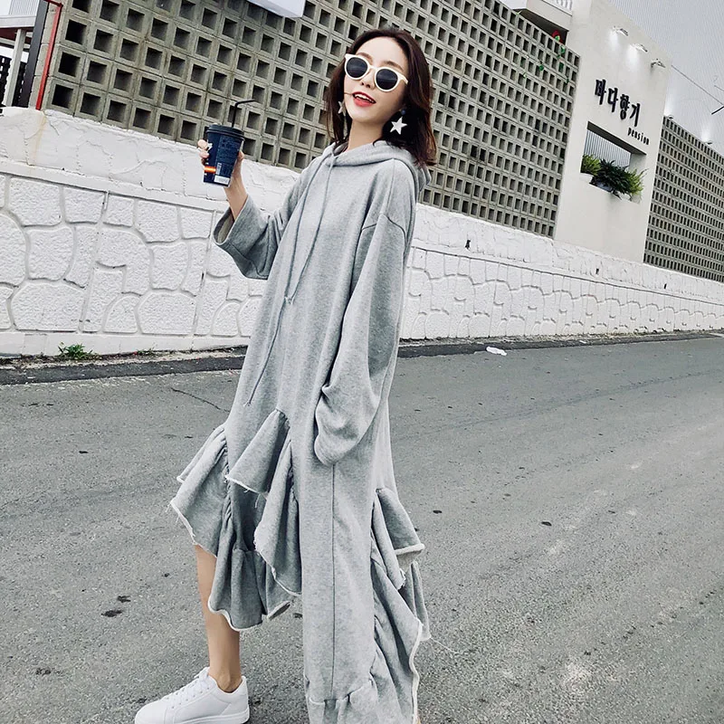 WHITNEY WANG 2018 осень зима мода уличная оборки асимметричное платье с капюшоном