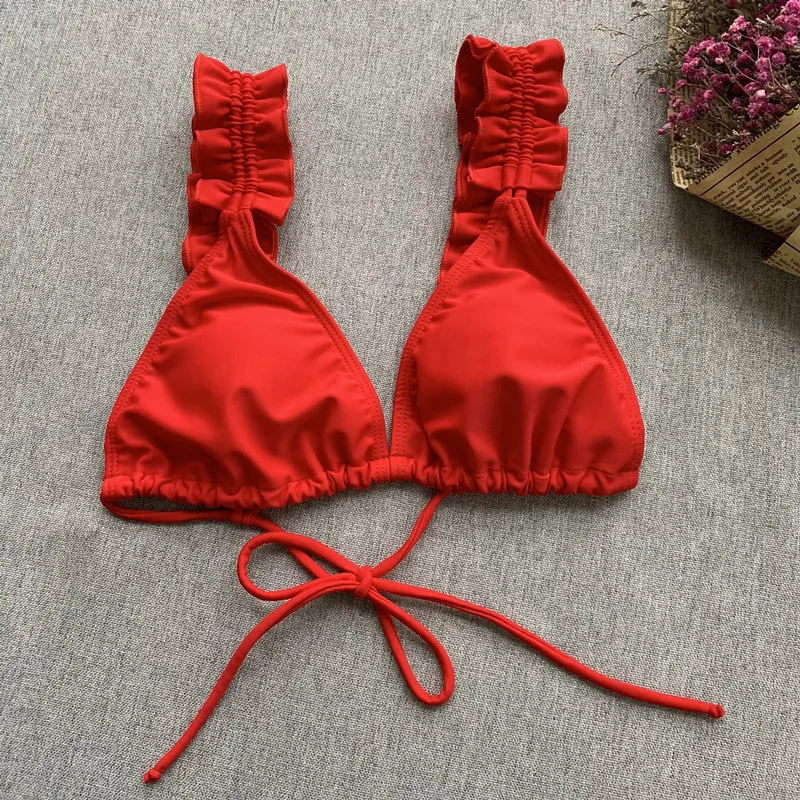 Женский красный комплект бикини с оборками купальник пикантный пуш ап открытой