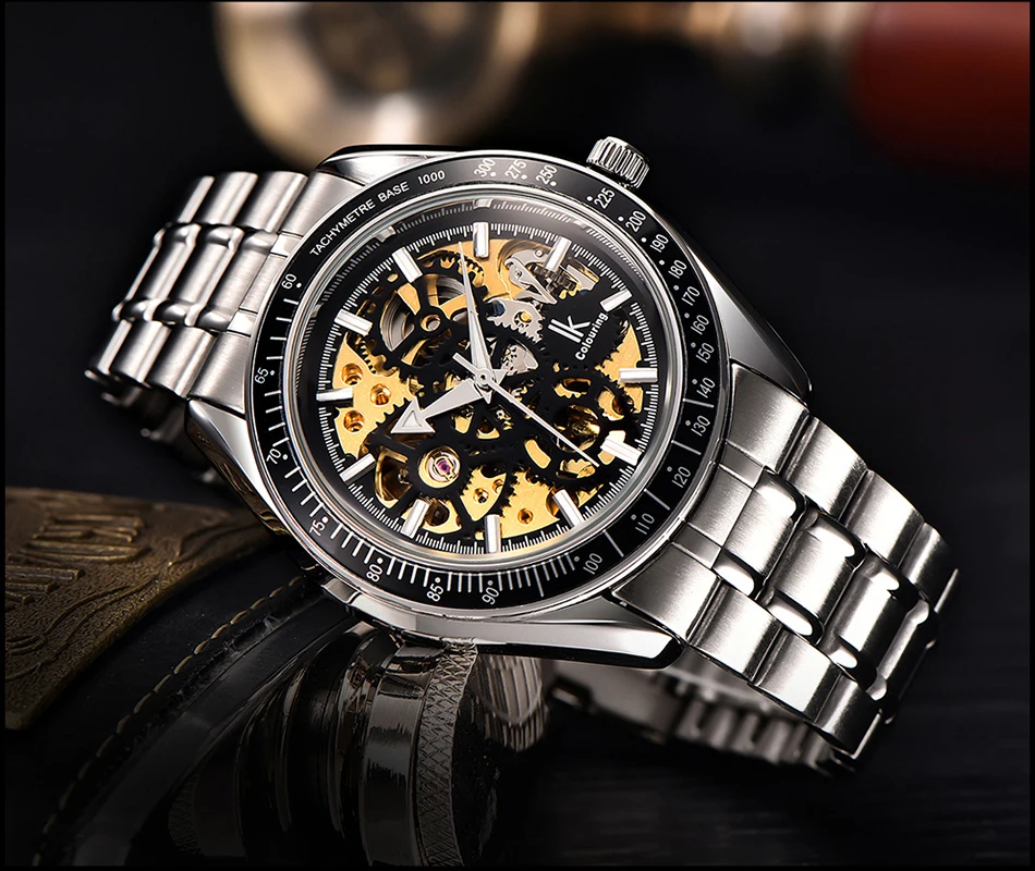 IK Colouring Luxury Brand Men Watches Automatic Mechanical Skeleton Steampunk Stainless Steel Band Male Clock relogios feminino | Наручные