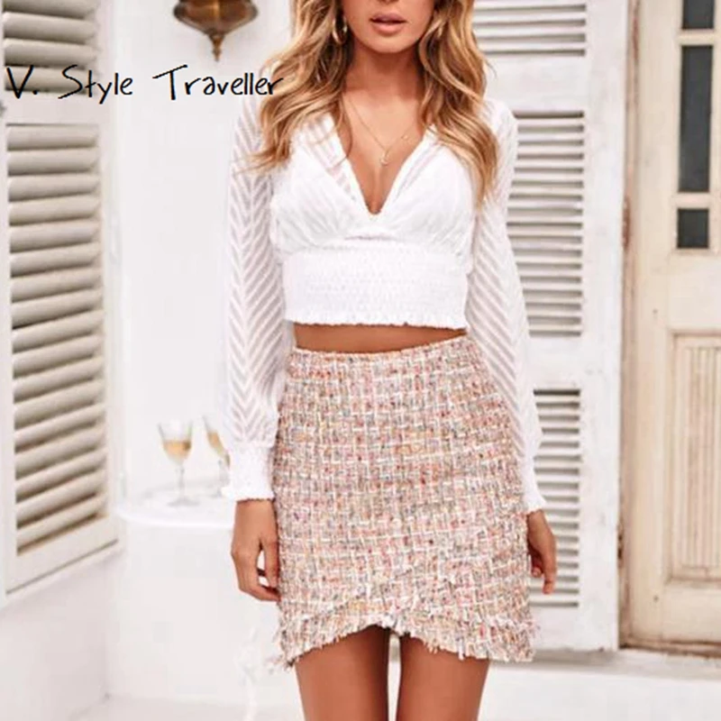 Прозрачная белая шифоновая блузка для женщин с v образным вырезом IG укороченный